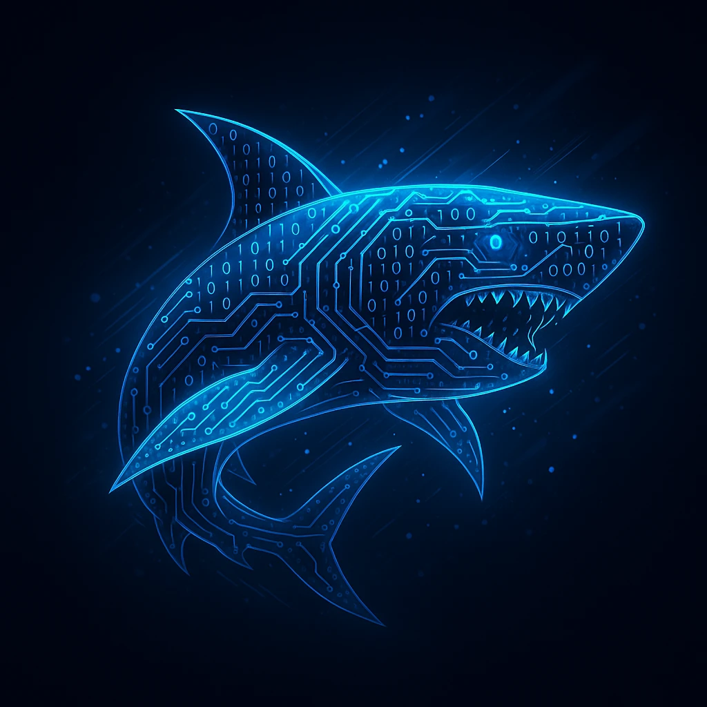 a data shark with a body made of binary code and circuit lines, dynamic pose, futuristic and tech-inspired emoji