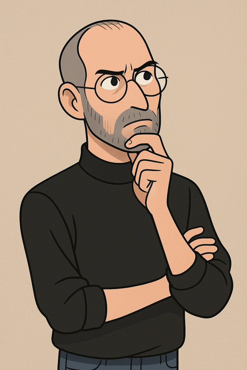 Steve Jobs in thinking pose with hand on chin, creative genius vibe, modern illustration style emoji