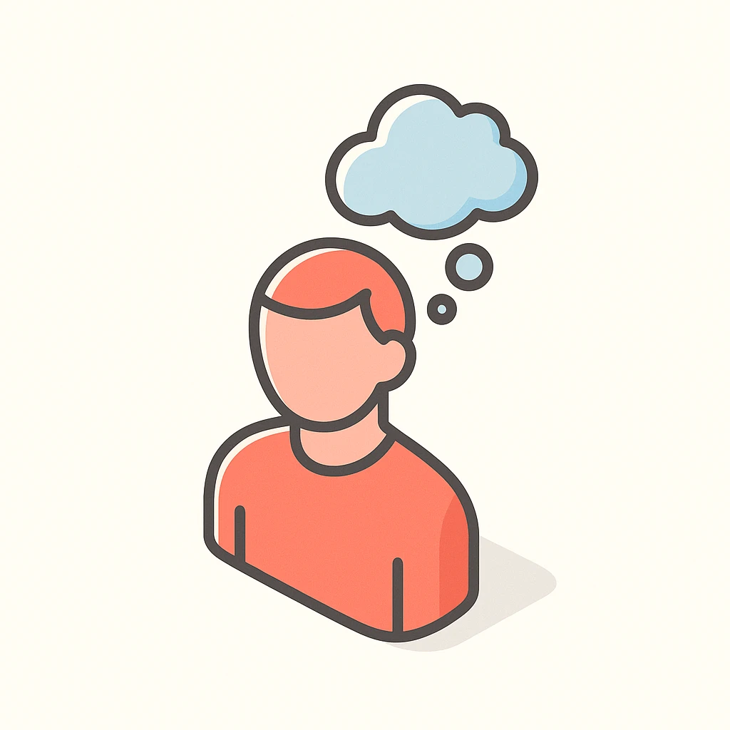 silhouette of a person with a thought cloud above the head, symbol of reflection and self-reflection, 2D isometric style, simple shape, clear shadows and highlights emoji
