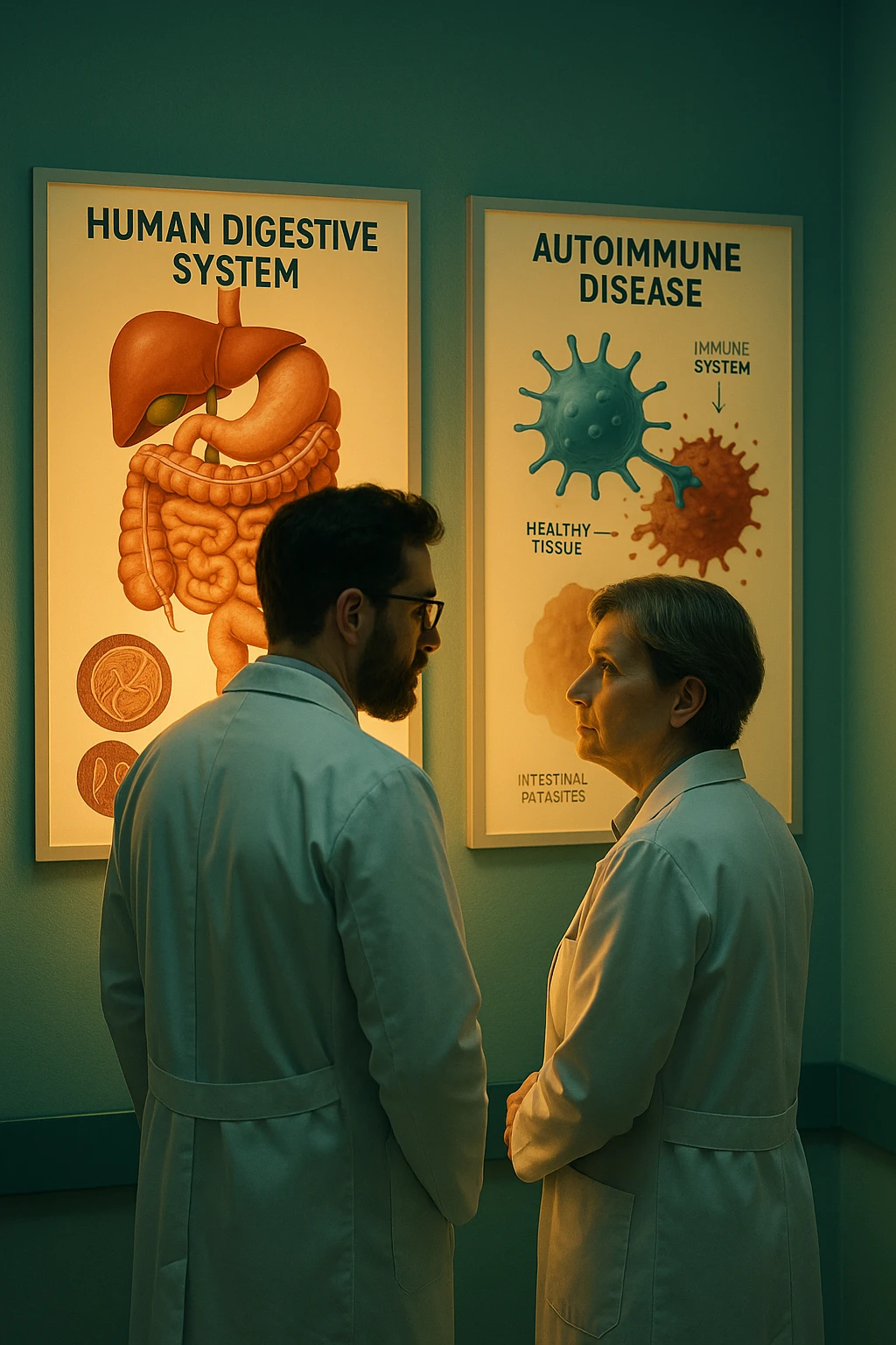 In italiano Realistic, detailed photo taken from behind of two doctors—a bearded man and a middle-aged woman—standing side by side in a modern medical office, intently studying a large, illuminated medical chart on the wall. The chart displays a detailed diagram of the human digestive system, highlighting the intestines and showing microscopic images of intestinal parasites. Next to it, another chart illustrates the immune system attacking healthy tissues, visually connecting gut parasites to autoimmune disease mechanisms. The room is bathed in a single green-blue color, with a warm, yellow-orange light casting soft shadows around the doctors. Both wear white coats and have serious, focused expressions, suggesting a deep discussion about the root causes of autoimmune conditions. Shot with a Canon EOS R5, with high detail, natural depth of field, and a clinical yet dramatic atmosphere. emoji