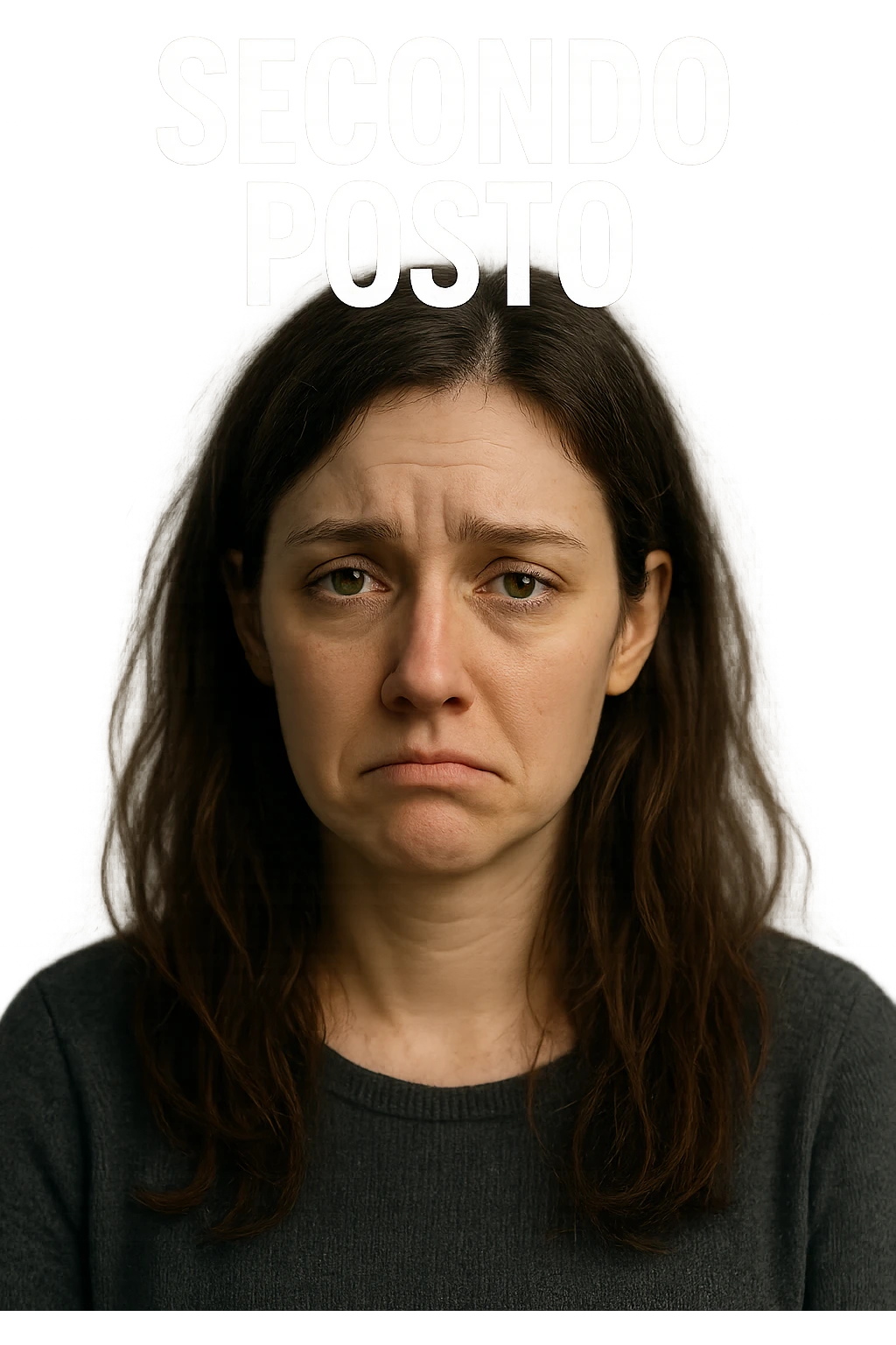 DONNA CON LA SCRITTA "SECONDO POSTO" SULLA TESTA, LEI HA L'ESPRESSIONE TRISTE, COME SE FOSSE SEMPRE SECONDA NELLA VITA, iperrealistico 4k emoji