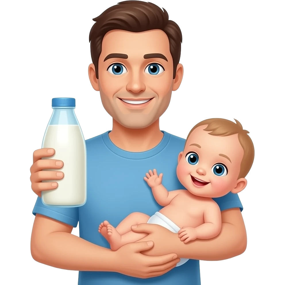 A dad holding milk like a baby emoji