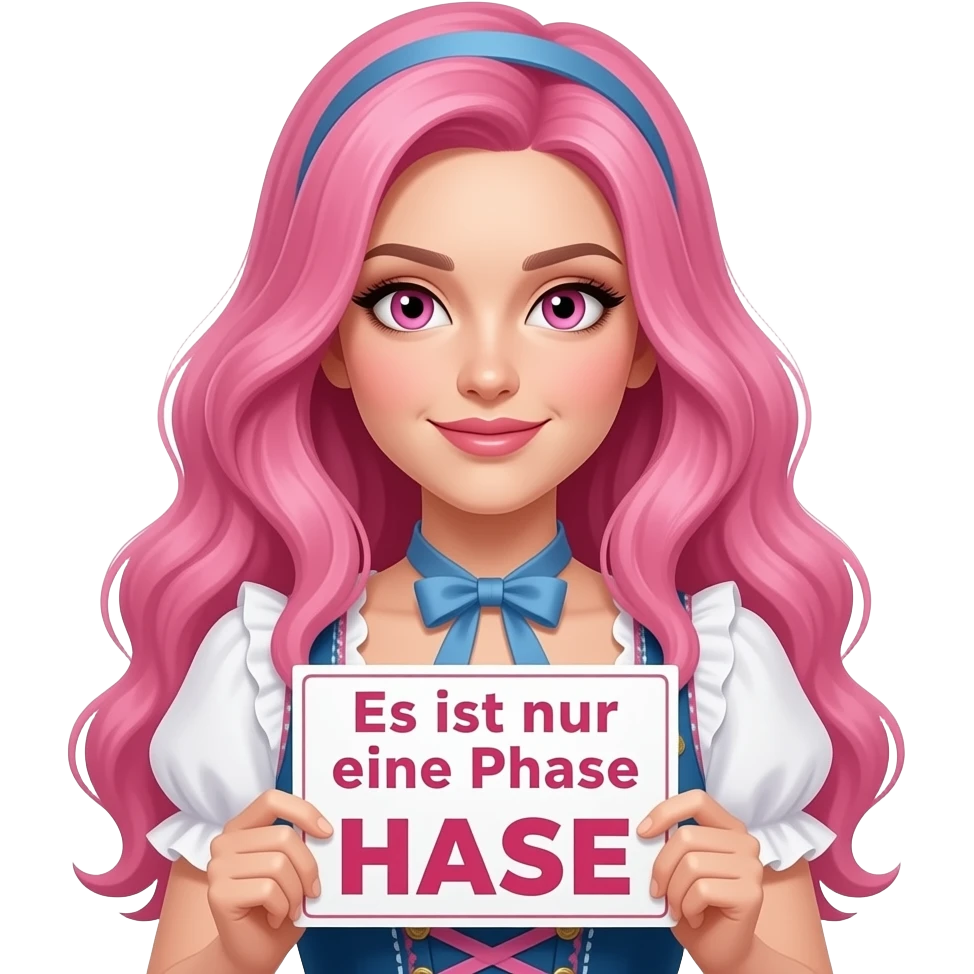 sexy girl with long pink hair and pink eyes wearing a dirndl holding a Es ist nur eine Phase HASE sign emoji