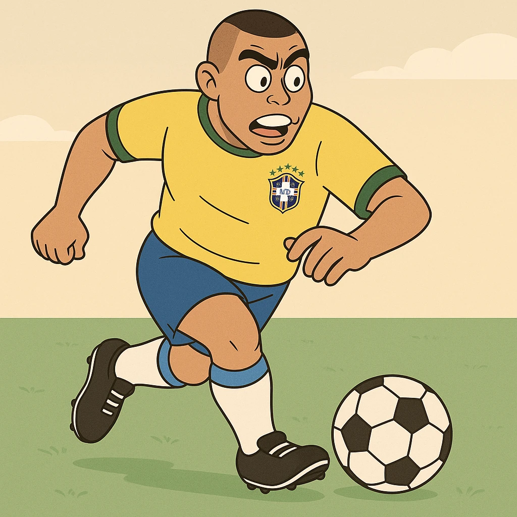 cartoon illustration of Ronaldo Fenômeno, dribbling a soccer ball, wearing Brazil kit emoji