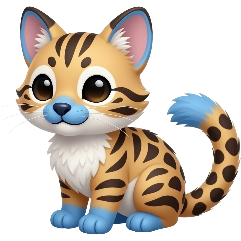 realistic sad precious cute young vertical-dark-brown-striped-and-vertical-white-striped Fakémon-Pokémon-feline-Zeraora-vernid-serval-caracal-chinchilla-Cinccino-rodent-hybrid-creature (full body) with cobalt-blue muzzle, cobalt-blue puffy fluffy paws, tufted spotted lynx-ears, spotted leopard tail emoji