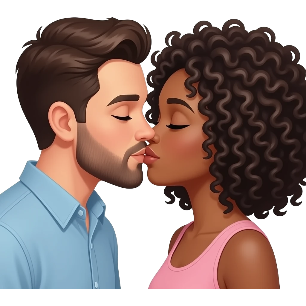 White man with dark brown hair and beard kissing a black woman with curly hair emoji