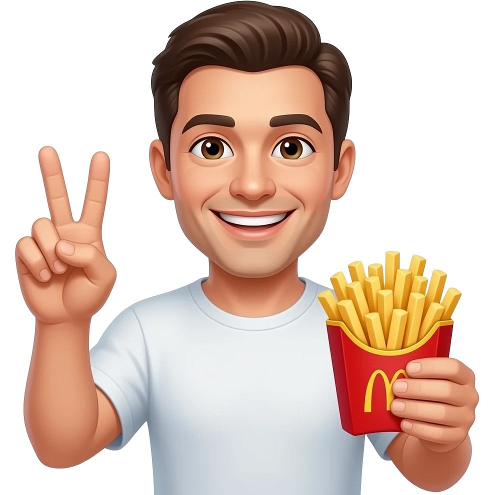 A man smiling holding up the peace sigh and holding up fries in the other hand emoji