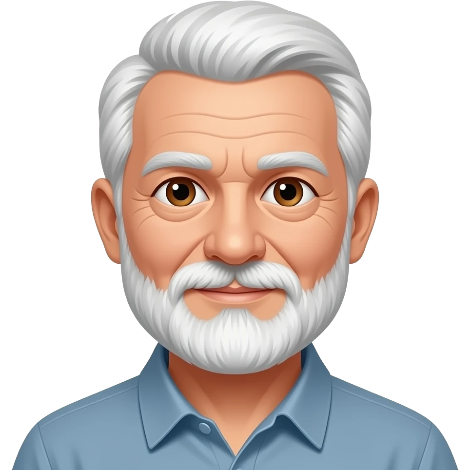 77 year old man with white short hair and brown eyes and white short bread emoji