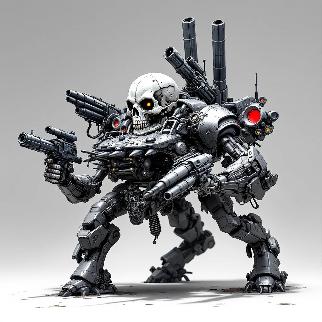 skull tank with four bulky arms, a couple guns, a cannon, and a rack of missiles, inspired by the previous chrome and silver versions, detailed, futuristic, in flux pro style emoji