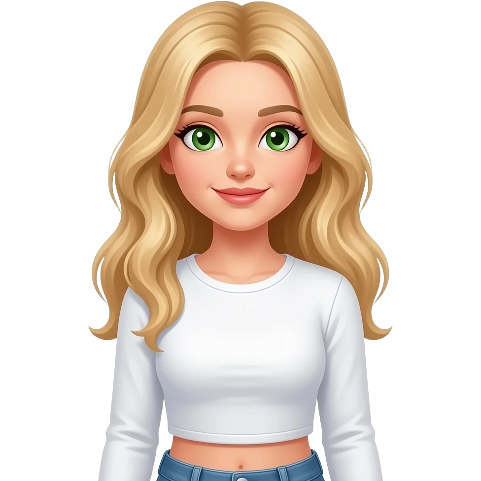 White Blonde girl with long hairs, green eyes wearing long sleeves crop white cooking emoji