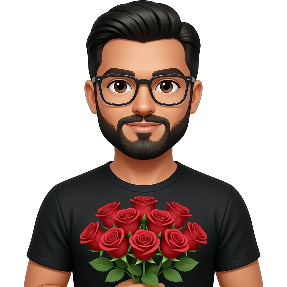 black slick back hair, tan skin, black beard, with squar glasses, brown eyes, black tee shirt, with a 20 roses in hand emoji