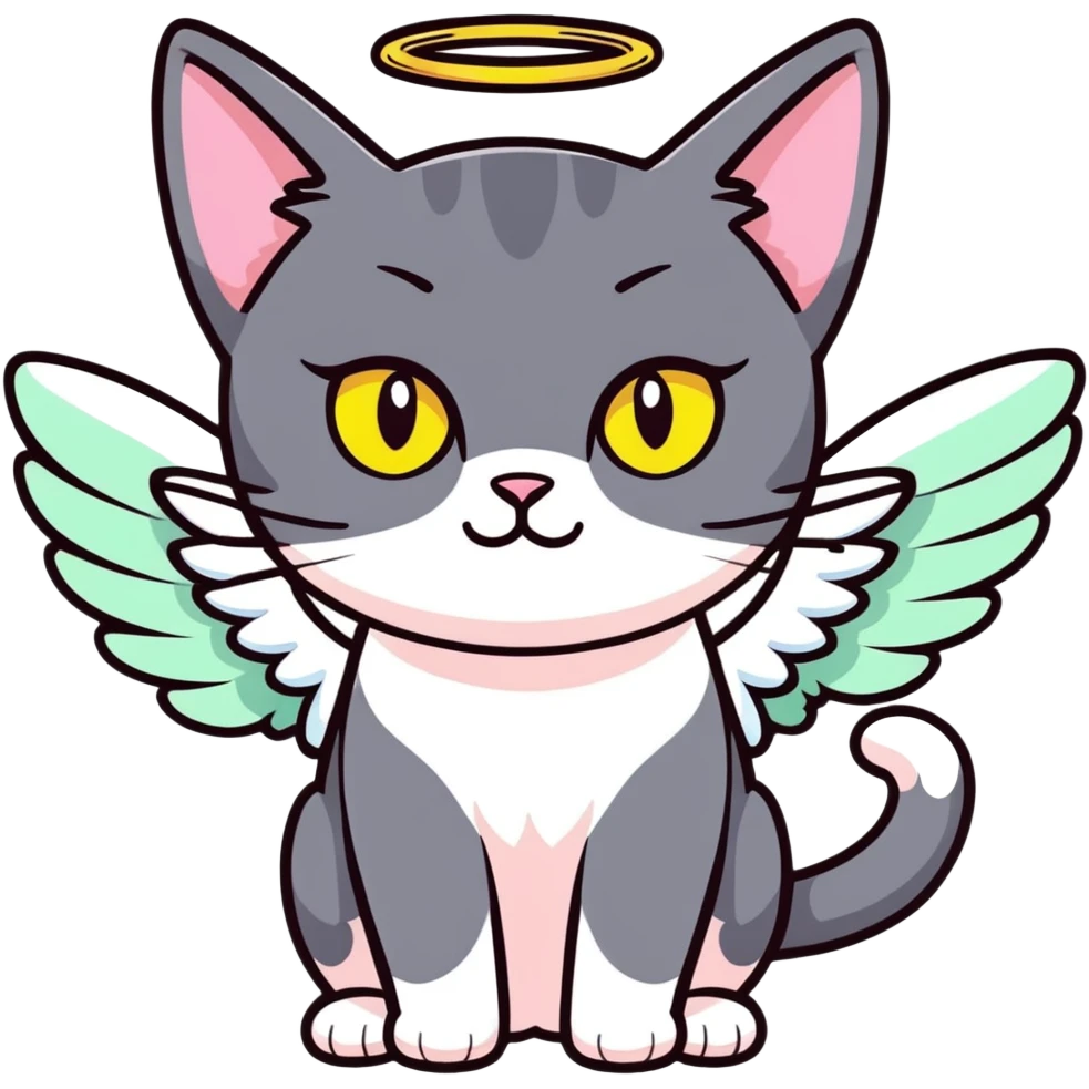 Dark gray short haired domestic cat with light pink ears and greenish-yellow eyes with angel wings  emoji