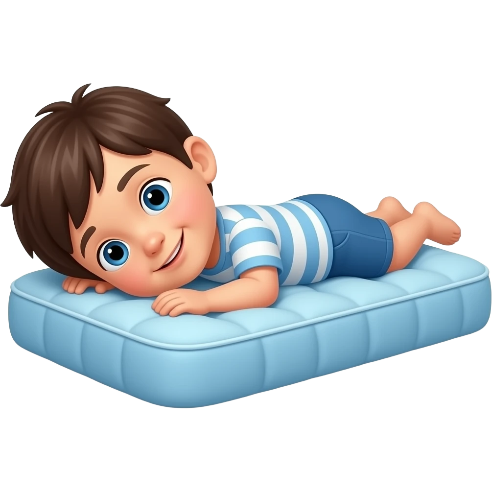 enfant couché sur petit matelas bleu au sol emoji