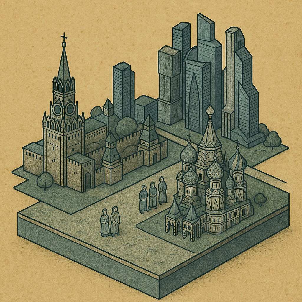 Изометричная миниатюрная 3D модель Москвы на подставке - фотореалистичный Кремль, собор Василия Блаженного, Башни Москва-Сити, аккуратная детализация, яркие цвета мультяшный реализм, компактная композиция,  вид сверху в изометрии emoji