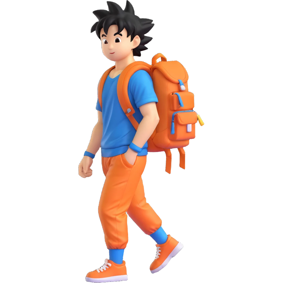 Goku as a student, with a backpack, walking to school, 3D style emoji