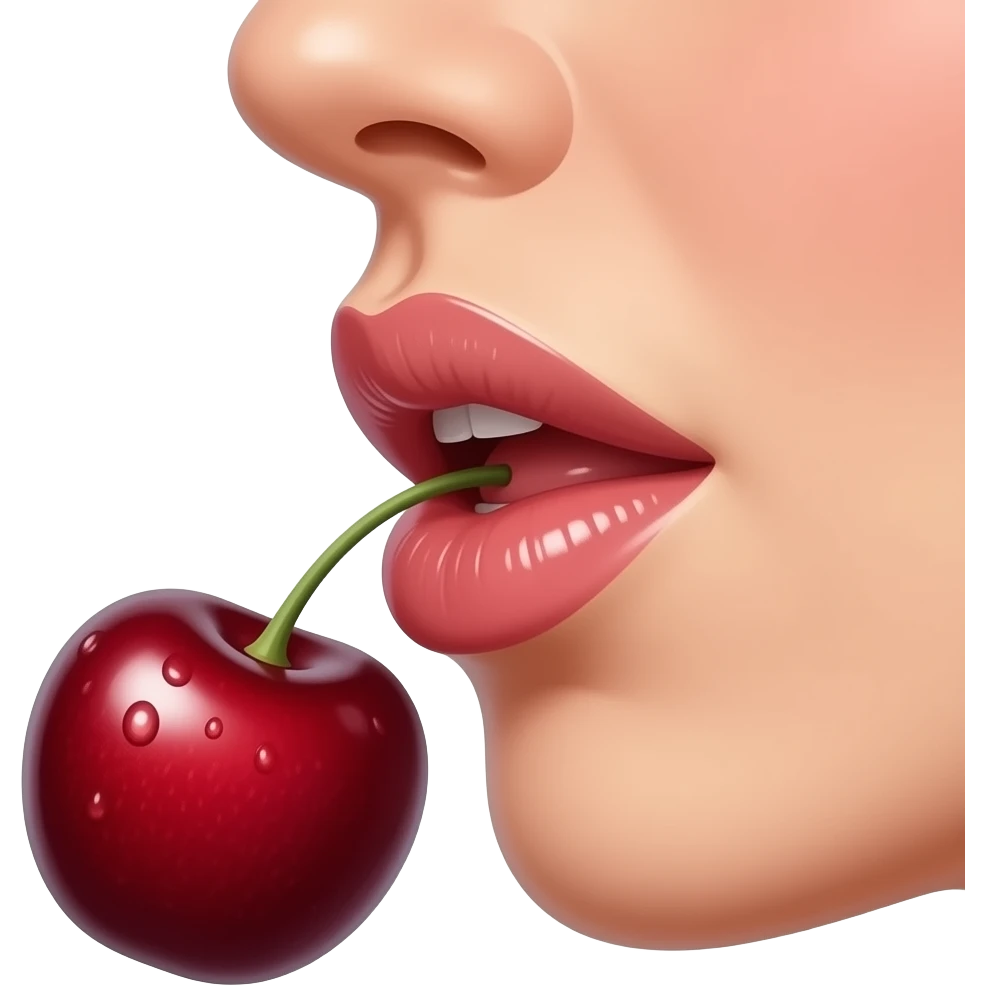 side view of female lips closed sucking and biting deeply a big piece of cherry (no face) emoji