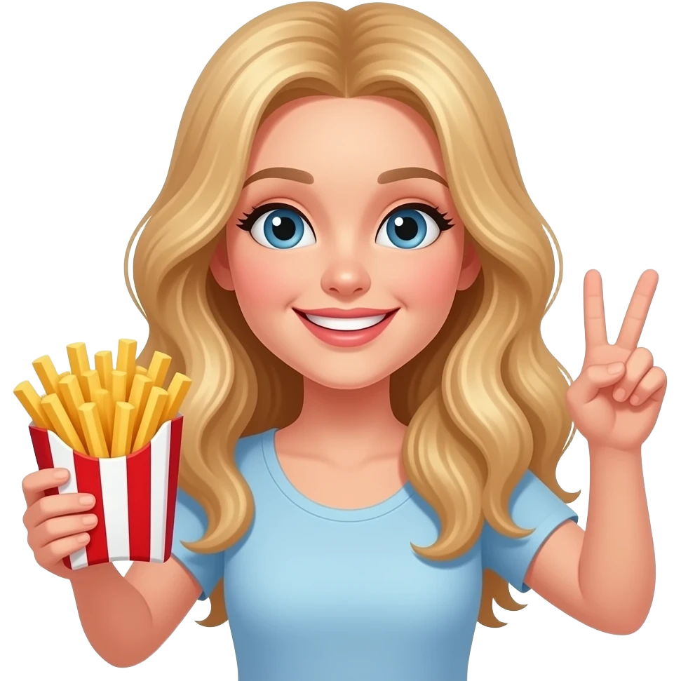 Blonde lady wavy hair middle part long holding french fries in a stripped red and white holder throwing up peace with innocent smile emoji