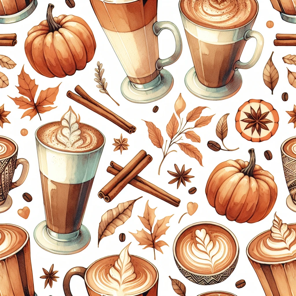 coffee latte art seamless background, pumpkin spice latte, creamy brown and orange tones, cozy autumn café vibe, watercolor effect emoji