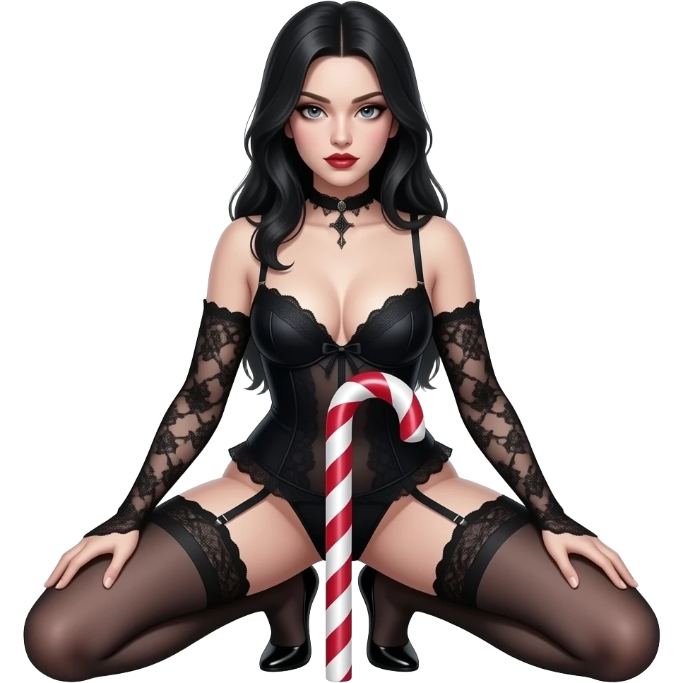 Sexy gothic woman in gothic lingerie squatting on a large candy straw standing upright in the middle of her legs emoji