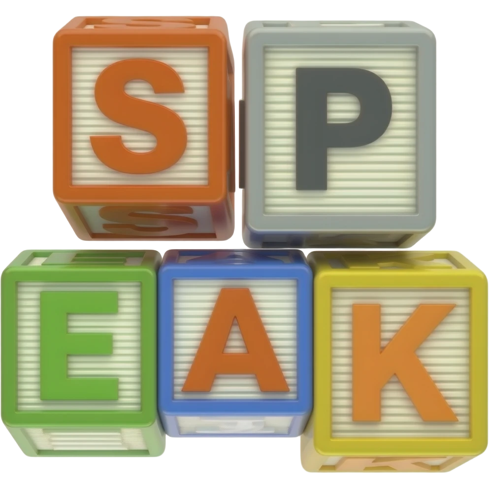 Five children's blocks forming the word "SPEAK" emoji