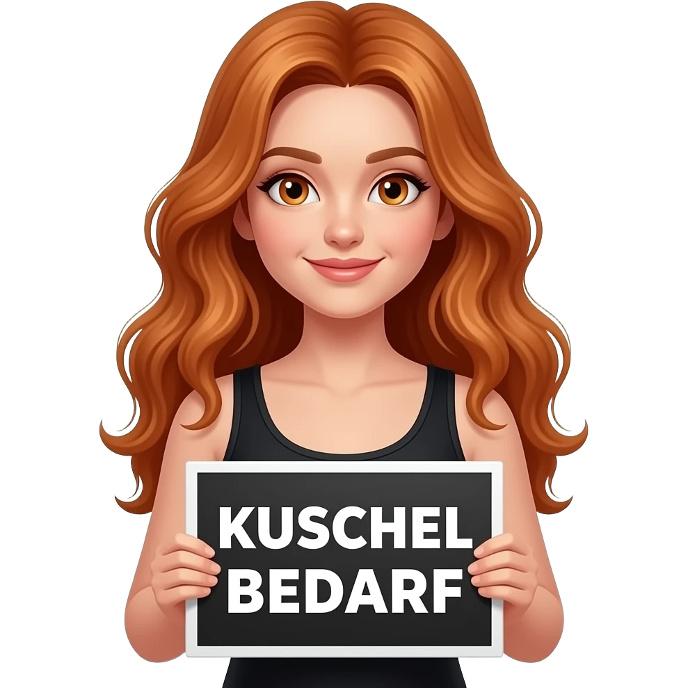 sexy girl with long wavy ginger hair and ginger eyes wearing a black tanktop is holding a white sign with KUSCHEL BEDARF written on it emoji
