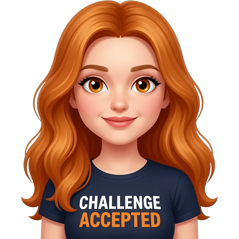sexy girl with long ginger hair and ginger eyes a top with CHALLENGE ACCEPTED written on it emoji