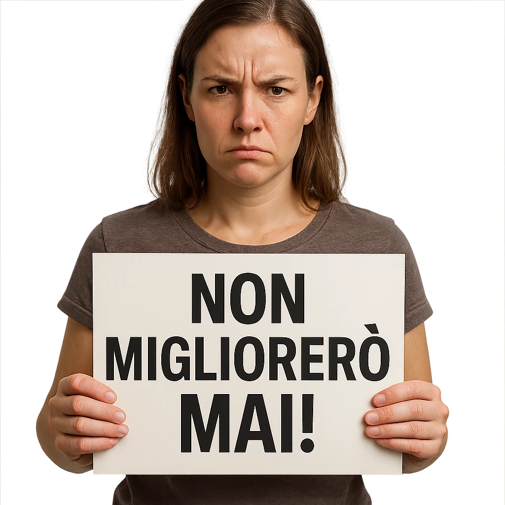 DONNA CHE TIENE UN CARTELLO IN MANO CON LA SCRITTA "NON MIGLIORERò MAI!", iperrealistico 4k emoji