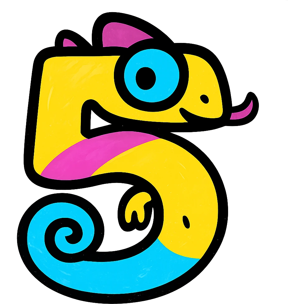 number five stylized as a playful chameleon with vibrant colors, suitable for an icon emoji
