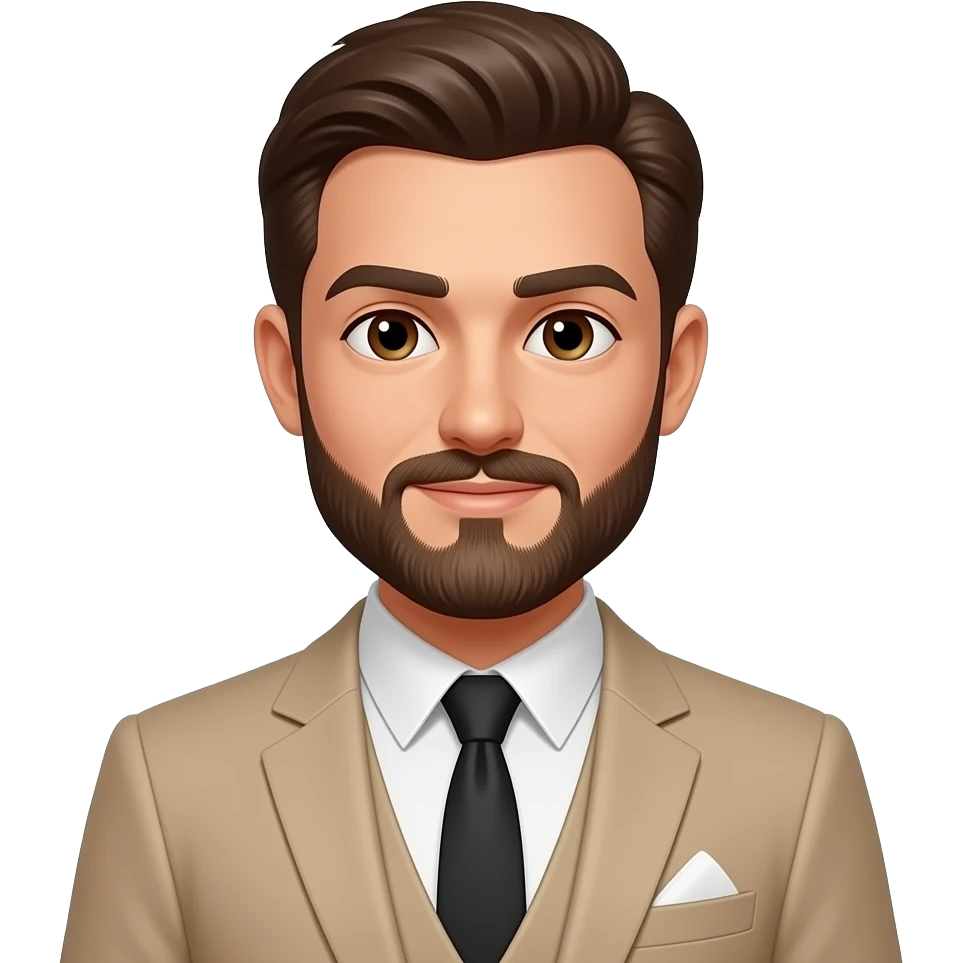 homme d'honneur avec barbe yeux marron en costume beige emoji