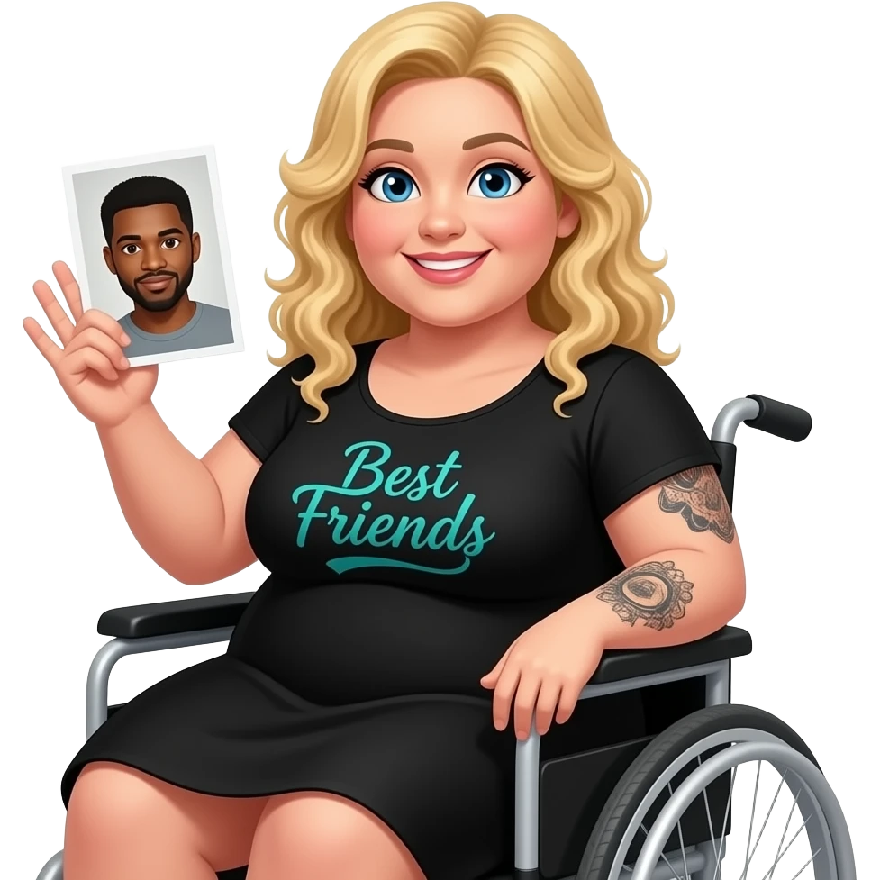 Plus size women waving in wheelchair Blonde curly hair blue eyes black tattoos on right lower arm wearing a black summer dress saying “Best Friends”in cursive teal writing with a photo of a African American man with black hair brown eyes NO facial hair emoji