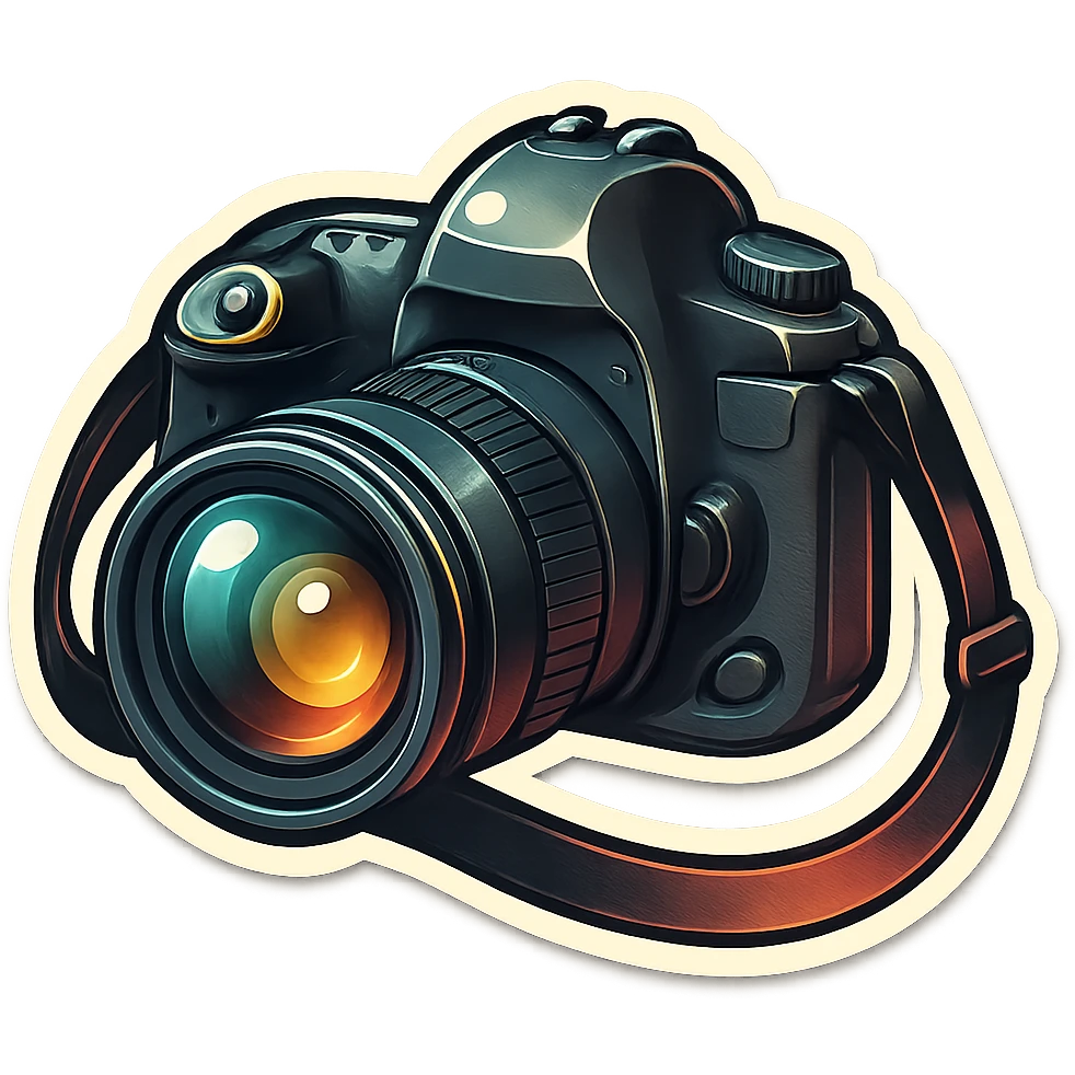 retro sticker style drawing of a DSLR camera with a strap, inspired by Canon 5D Mark III, bold contours, shiny highlights, dramatic shadows, fun and energetic look emoji