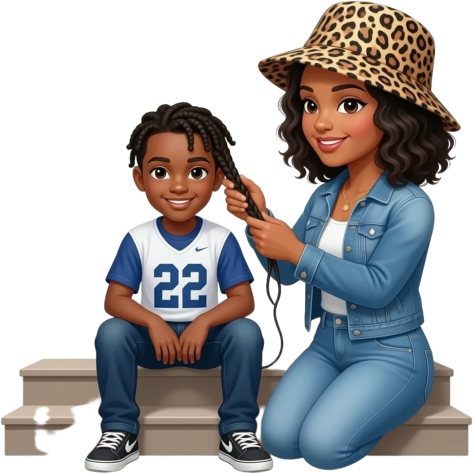 African American teenage boy with corn roll style braids  sitting on house porch steps wearing a jersey shirt with the number 22 on it, getting his hair braided by a African American woman with shoulder length curly black hair wearing a leopard print bucket hat wearing denim jeans and a denim jacket emoji