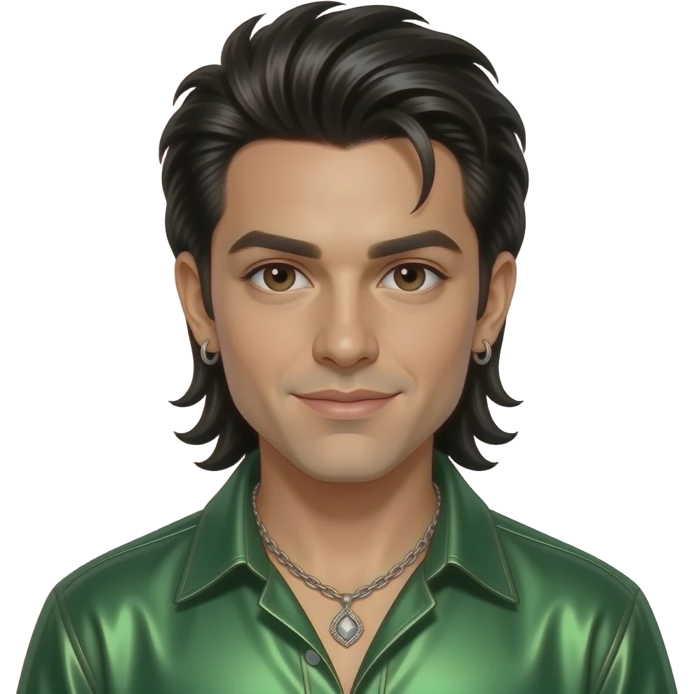 Danny Wood from NKOTB with dark brown eyes, black 90s mullet hair with long rattail, green metallic shirt, necklace and earrings emoji