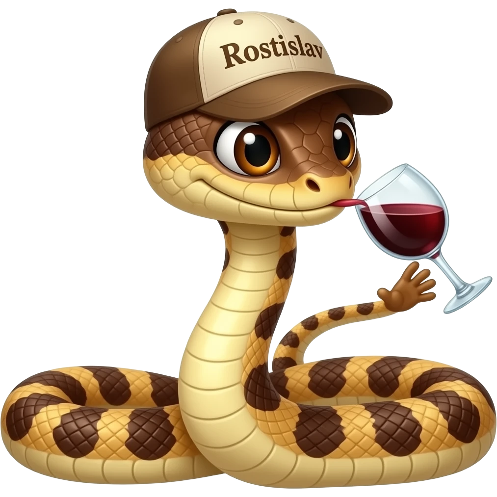 A brown-eyed snake wearing a cap with the inscription "Rostislav" drinks wine. emoji