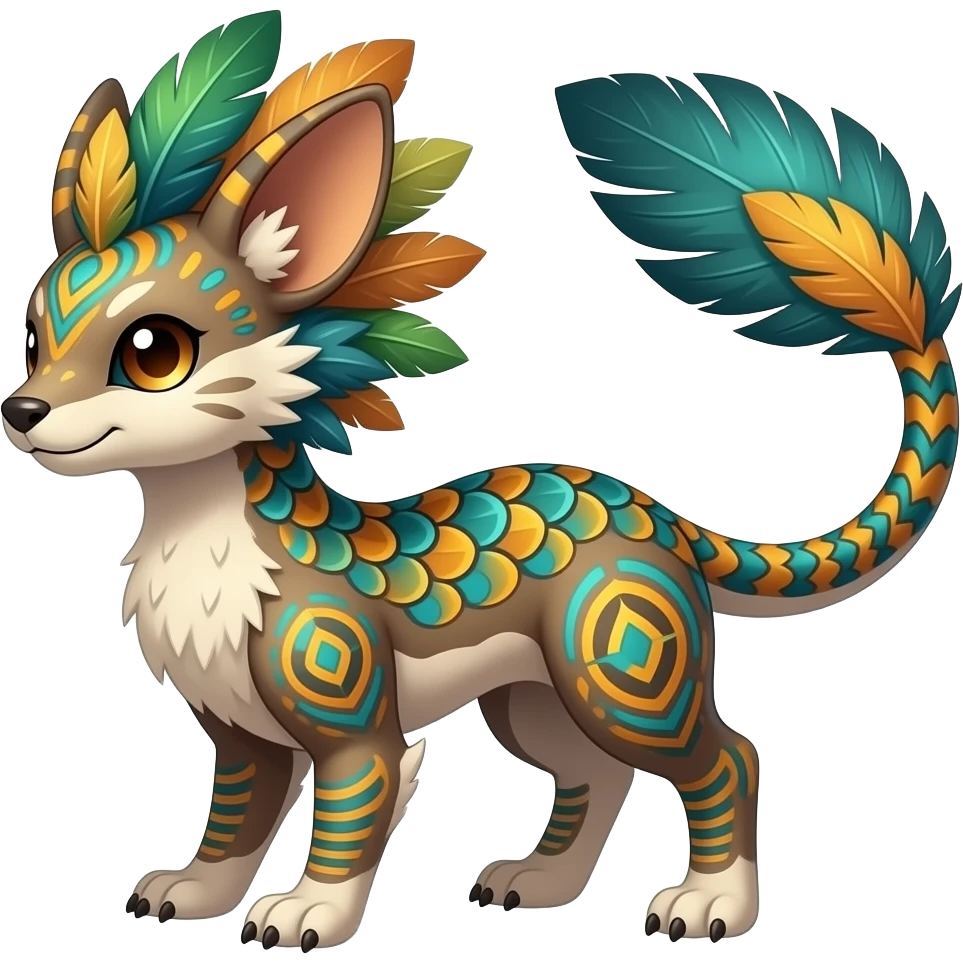 Tribal-patterned aboriginal majestic feathery elegant realistic stylish Furry, fluffy feathery tropical painted scaly, colorful Litten-Minccino-Bambino-Linoone-Zangoose-fusion-hybrid-animal-Fakémon-creature, full body, thin long sleek tufted tail, intricate markings emoji