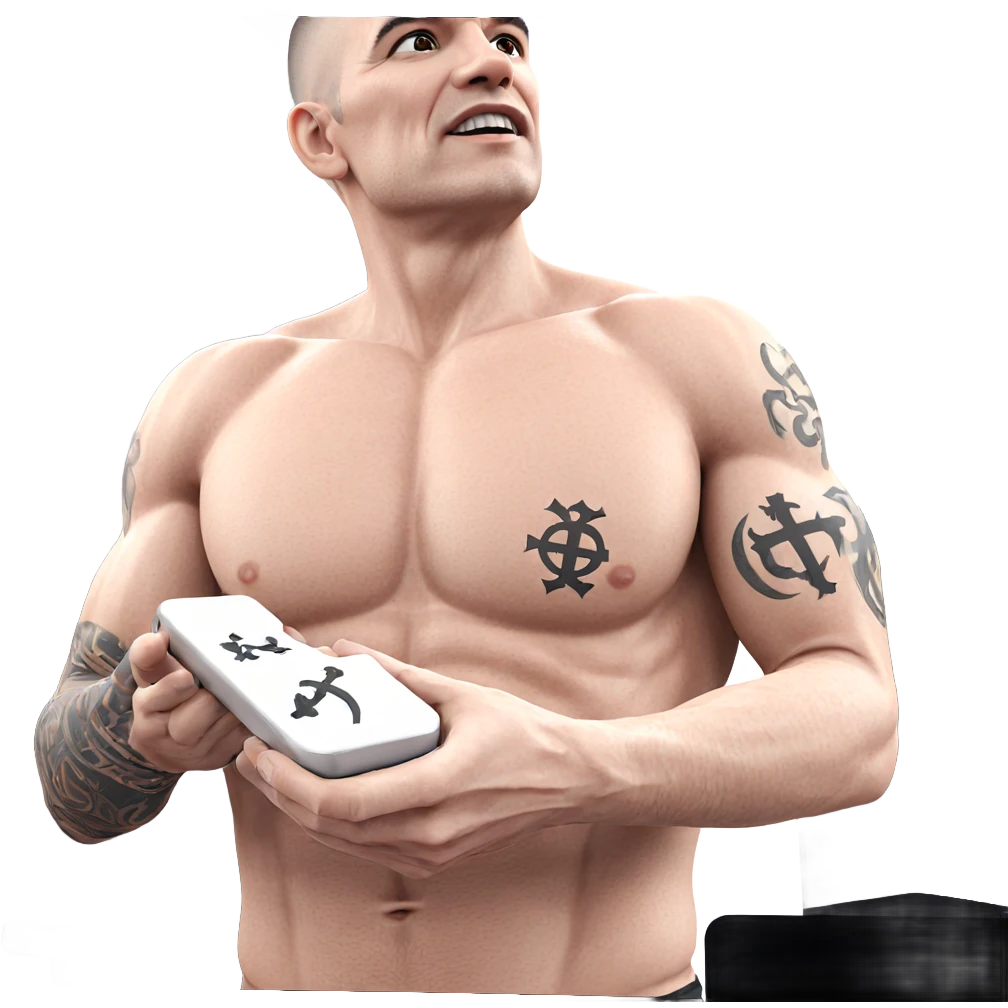topless male with tattooed cross emoji