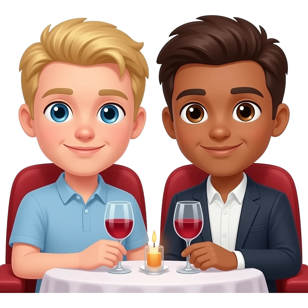 Make a young gay couple on a Date , one has light Skin with Blond Hair and Blue Eyes, the other one has slightly brown skin witz dark Brown Hair and Brown Eyes. They have a romantic date in a cinema. emoji