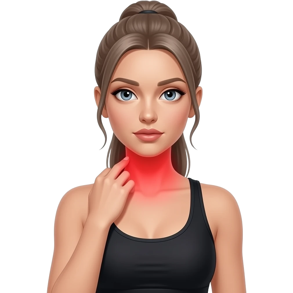 neck pain, full red glow covering the entire neck area, woman touching her neck, fair-skinned woman, gray-blue eyes, ash brown brows, ash light brown hair tied back, slim athletic body, black workout set emoji