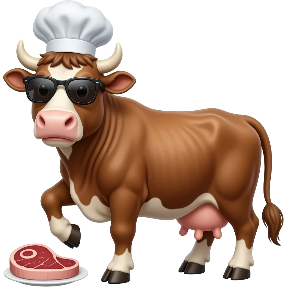 a cool male brown cow with chef hat sunglasses serving you a steak, 3 lag on ground, 1 leg hole the dish emoji