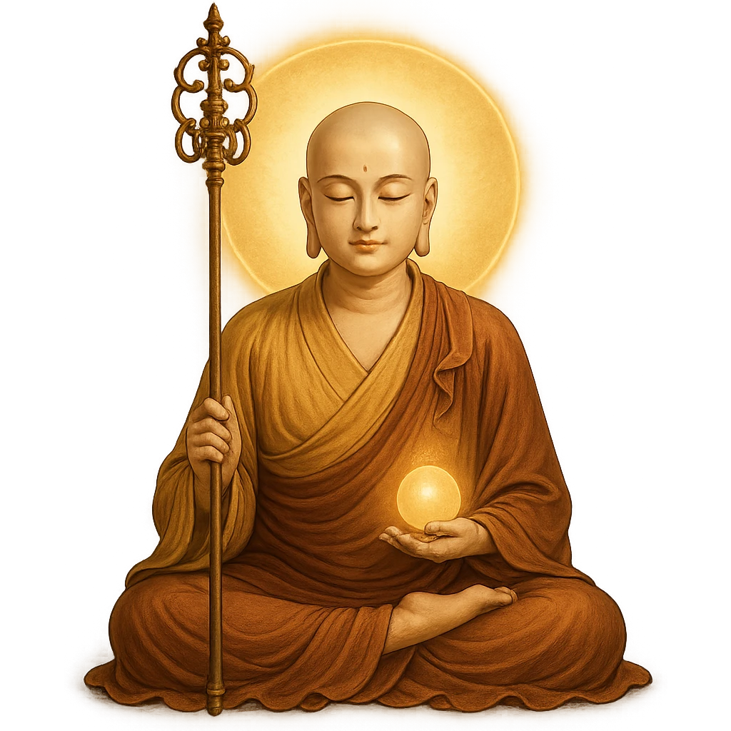 Kṣitigarbha bodhisattva, seated in meditation, surrounded by a glowing aura, monk's robes, staff and jewel, peaceful expression emoji