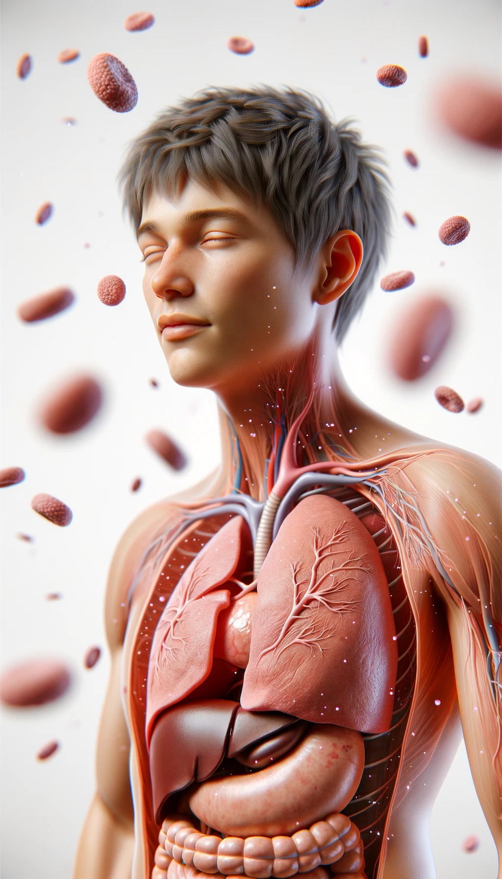 corpo umano anatomico con capelli corti e gli occhi chiusi, intorno a lui fluttuano cellule, fegato in evidenza, ha l'espressione rilassata, visto dal fianco iperrealistica 4k, isolato su sfondo bianco emoji