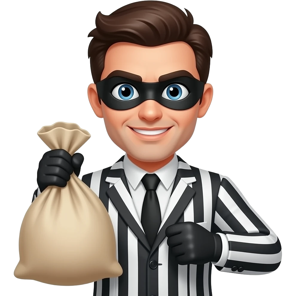thief emoji in a striped black and white suit, holding a sack, mischievous look emoji