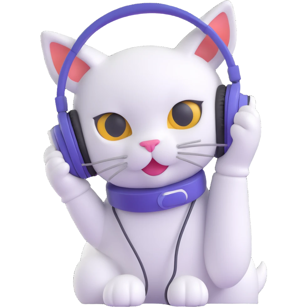 white cat with large headphones, playful expression emoji