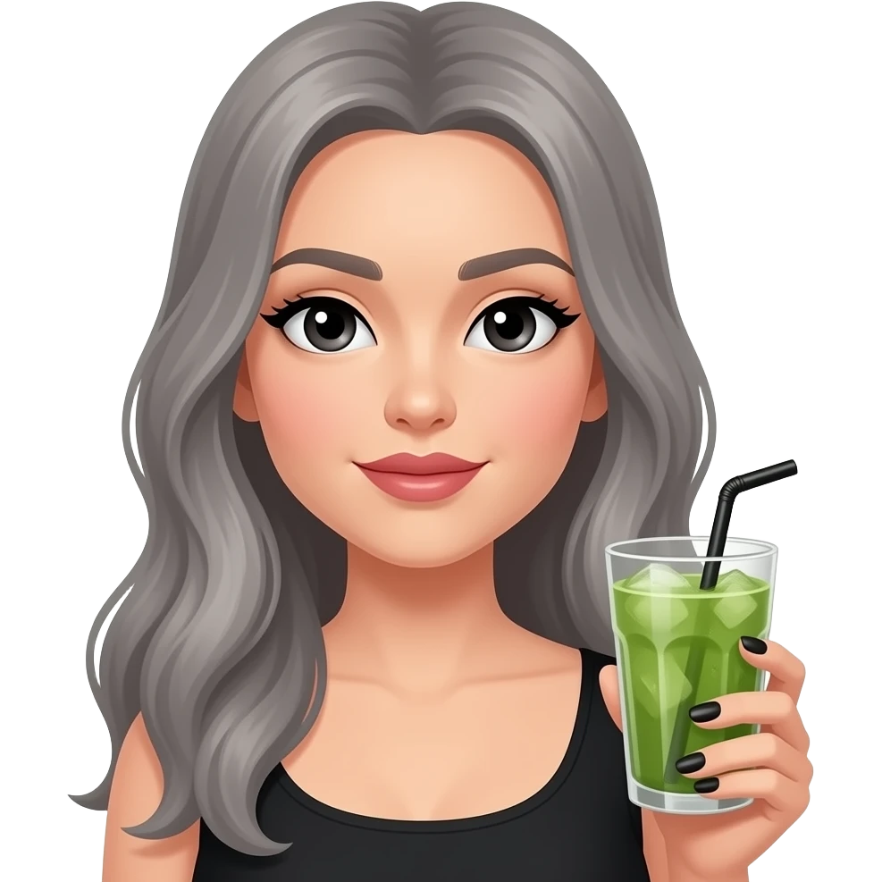 lady with black eyes and grey really long hair black nails and holding an iced matcha emoji