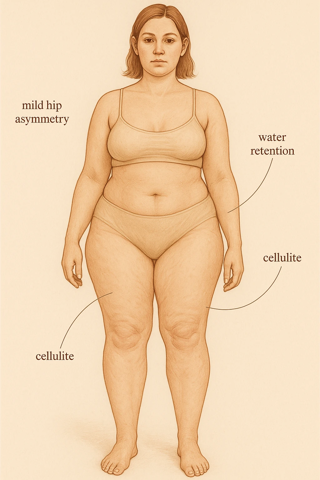 Realistic anatomical illustration of a woman with mild hip asymmetry, water retention, and cellulite, viewed in a soft, educational, body-positive way. emoji