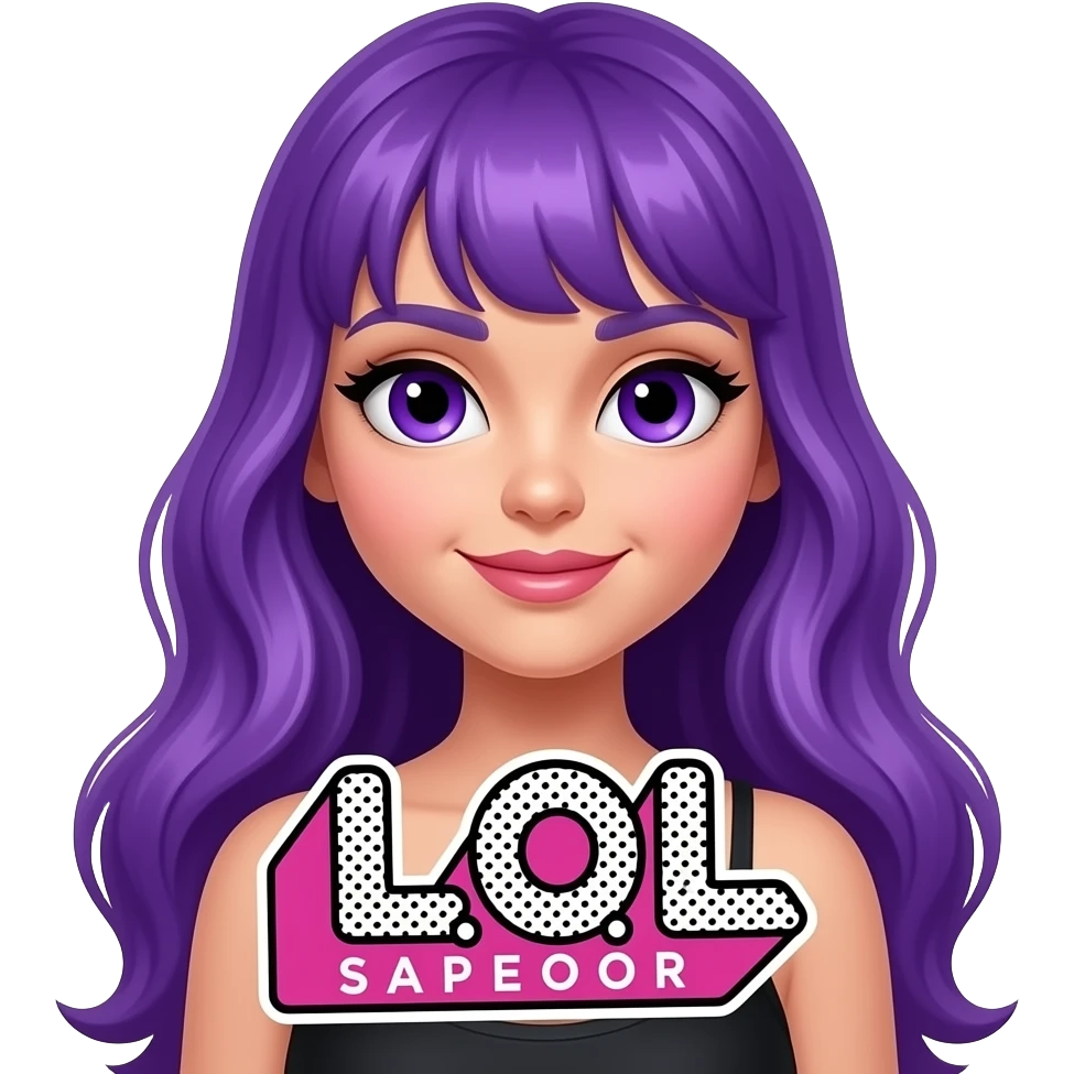 sexy girl with long purple hair and purple eyes holding a L O L sign emoji
