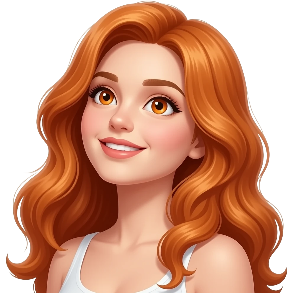 sexy girl with long wavy ginger hair and ginger eyes is looking to the sky emoji