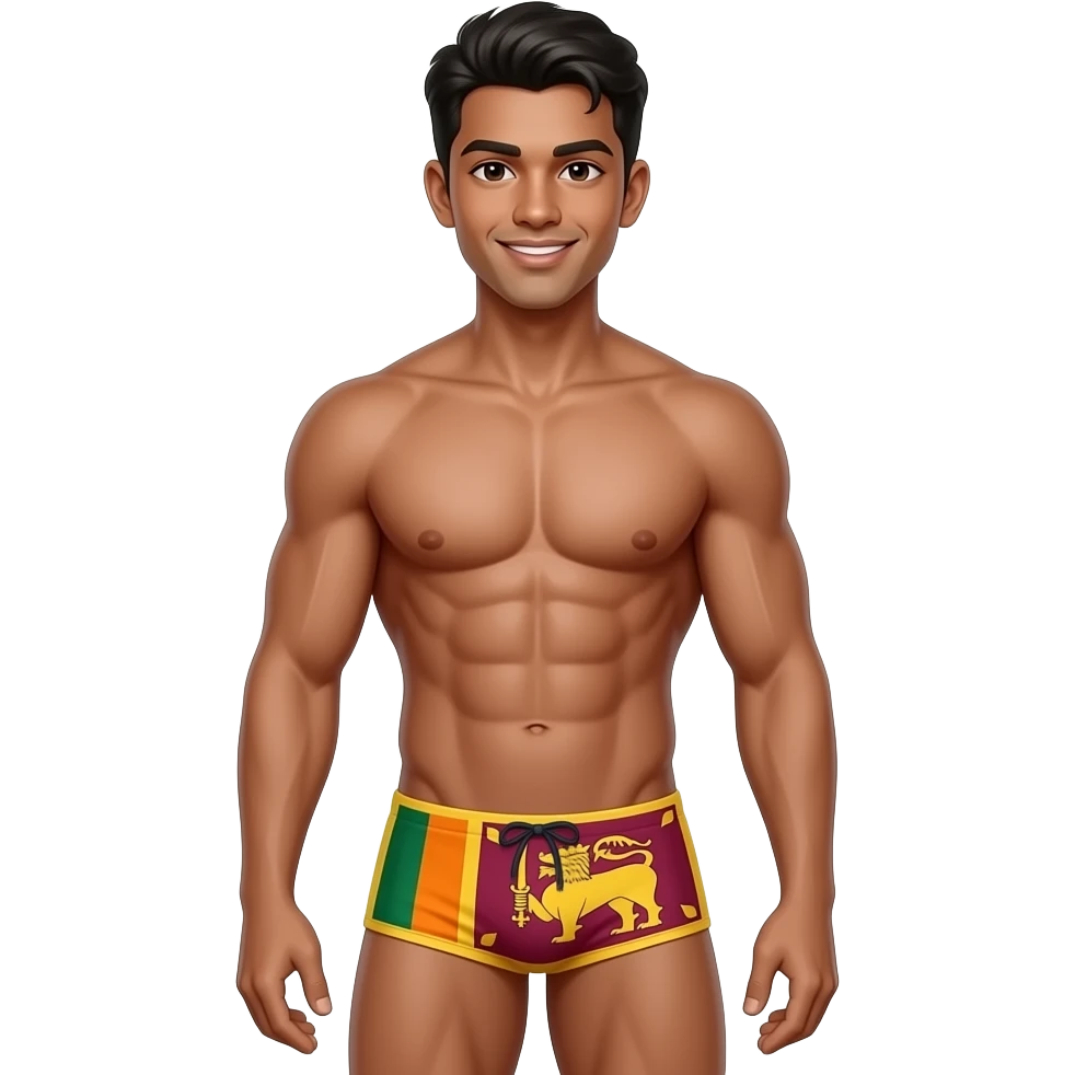 full body sri lankan young male standing with muscular build in thong with sri lanka flag theme emoji