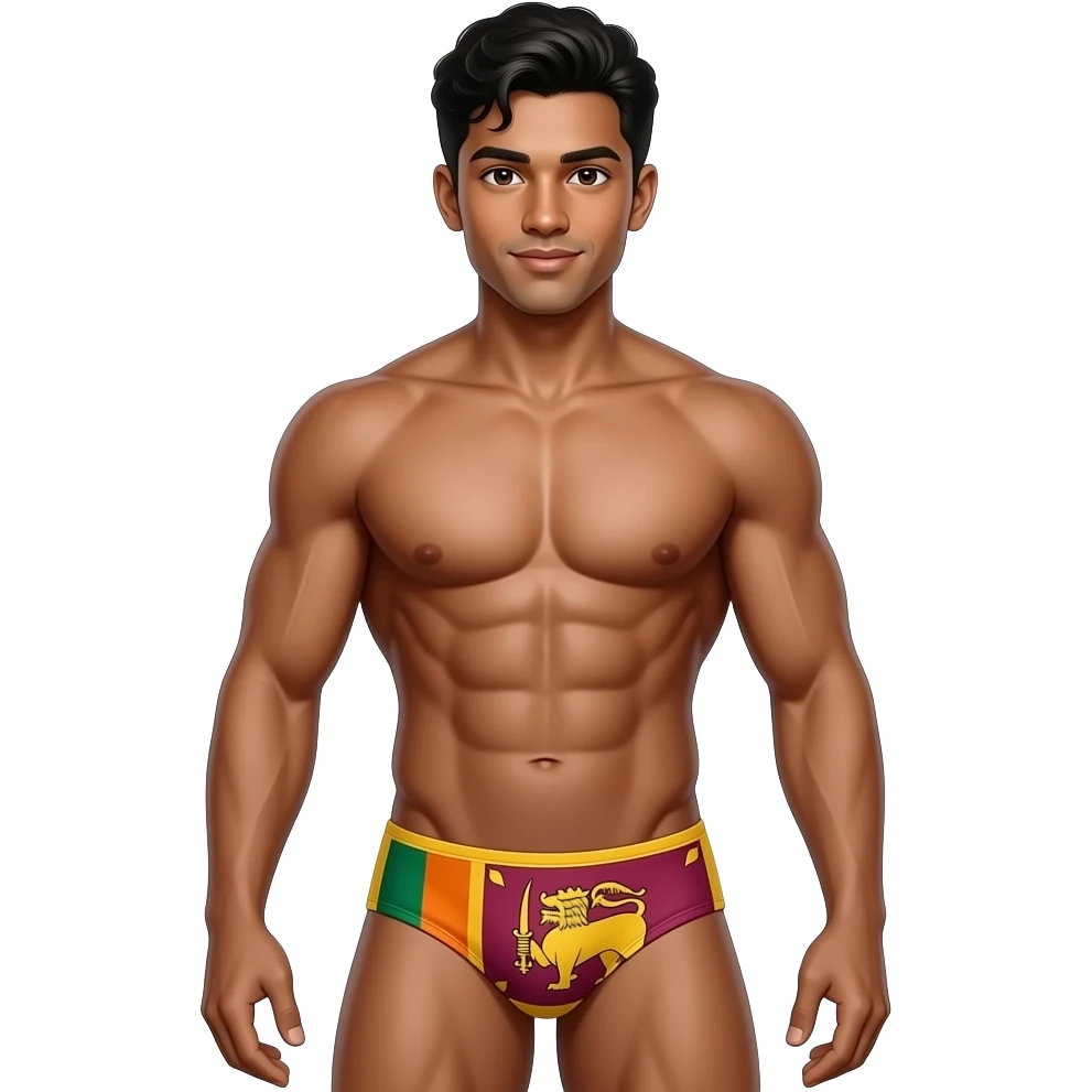 full body sri lankan young male standing with muscular build in thong with sri lanka flag theme emoji