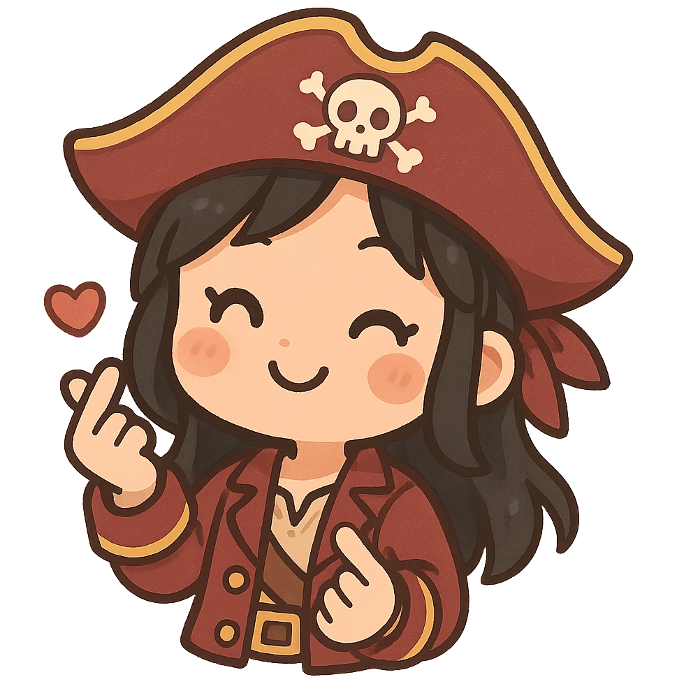 a girl pirate with black hair doing a Korean heart sign with her hands, cute chibi style emoji